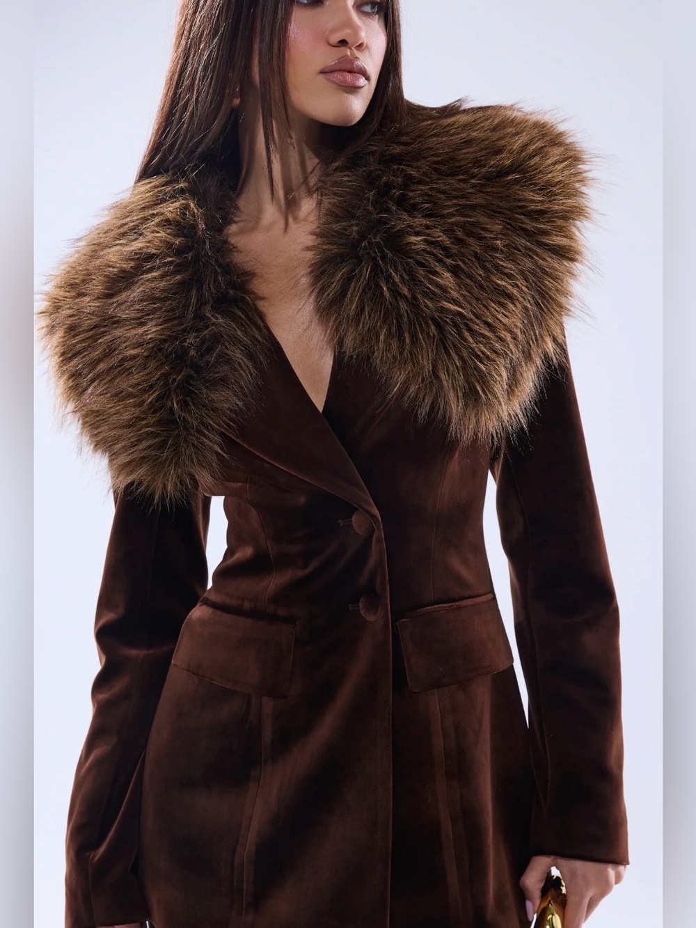 NWT AKIRA  Brown velvet Faux-Fur removable Collar blazer jacket size XL